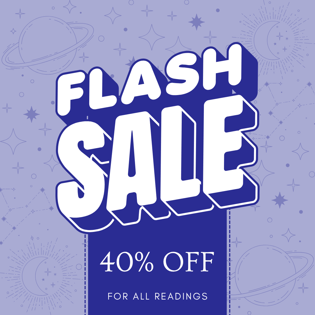 Bold 3D 'FLASH SALE' text over a dark blue panel; '40% OFF FOR ALL READINGS' on a starry, space-themed purple background.